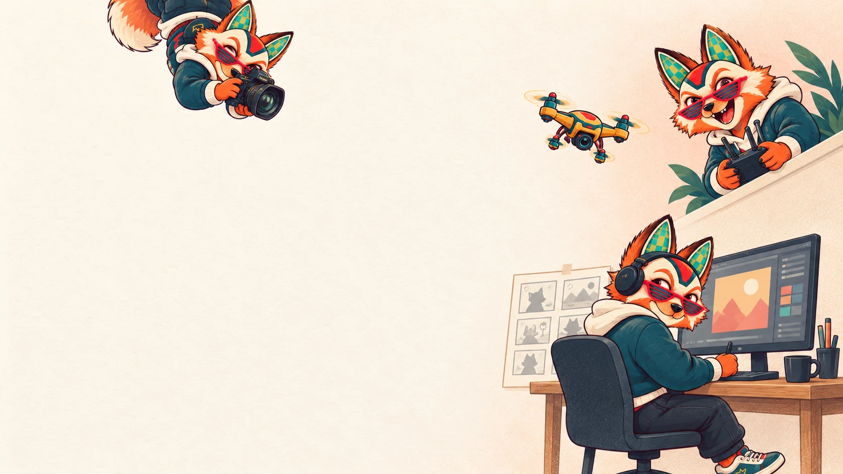 A quiet illustrated fox studio, with an upside-down photographer, a drone pilot and an editor at a desk with a storyboard.